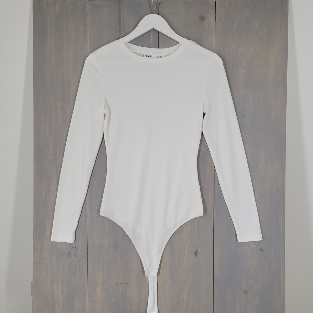 Elodie Bodysuit Women Medium White Long Sleeve Ribbed Crew Neck CTSR1309